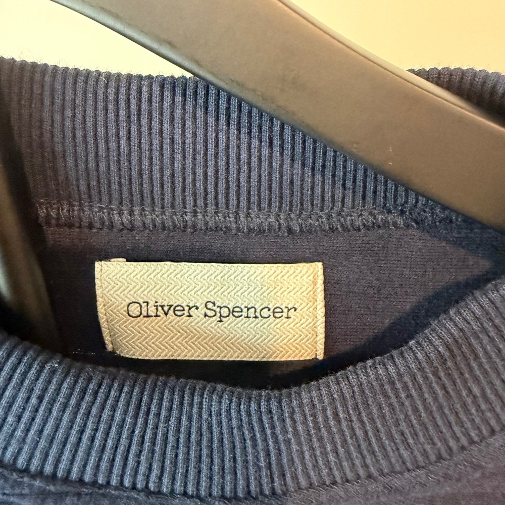 Oliver Spencer Mens Navy Blue Textured Cotton Crewneck Sweatshirt Large - Picture 2 of 12